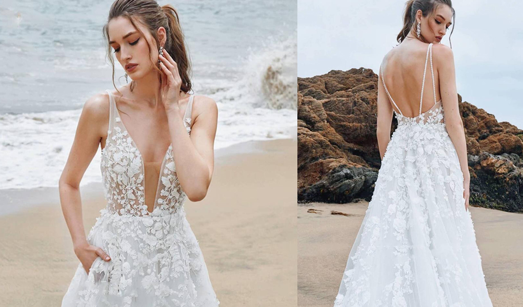 Simple Lace A Line V Neck Beach Wedding Dresses PW316 | Promnova