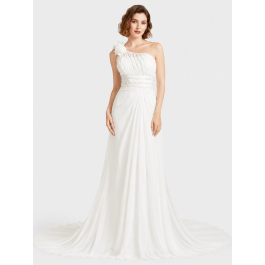 open lace back dress Final Sale Plus Size One Shoulder Long Sleeve Lace Detail Gown with Side Slit in Ivory