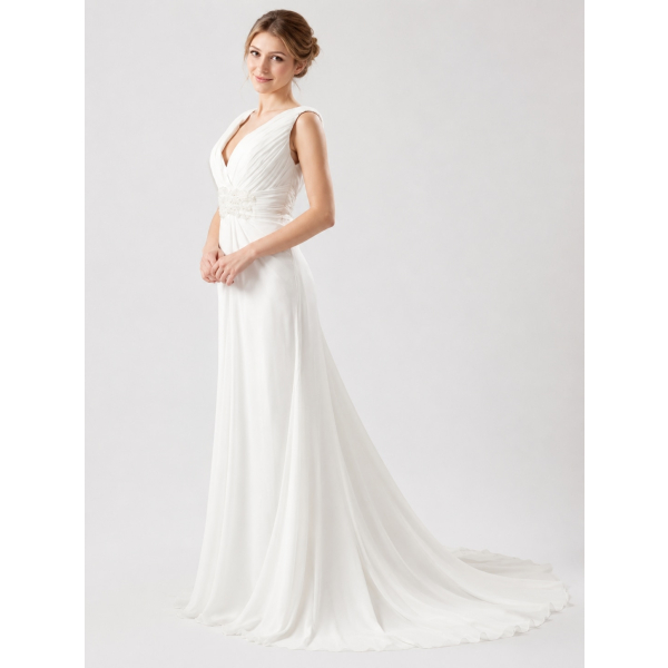 sachin and babi light blue dress Zapaka Women Ivory Chiffon Midi Engagement Dress with Lace V Neck A Line Pleated Long Sleeve Bridal Dress, Ivory / US18W main image 0
