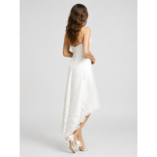 asymmetrical beach wedding dresses High Low Wedding Dresses Strapless Lace Tulle Bow Sash Asymmetrical Su   Dbrbridal