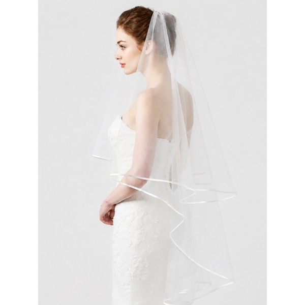Satin Trimmed Mid Length Bridal Veil display picture 3