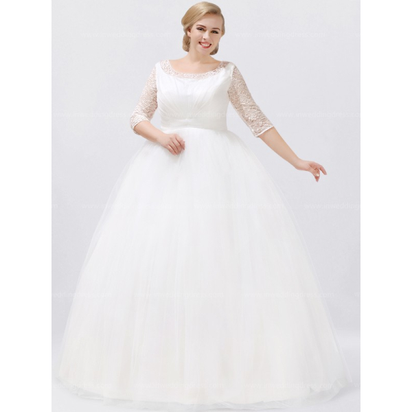 Vintage Tea Length Wedding Dress 3/4 Sleeve Lace Tulle A-line White #EP202  $139 - GemGrace.com