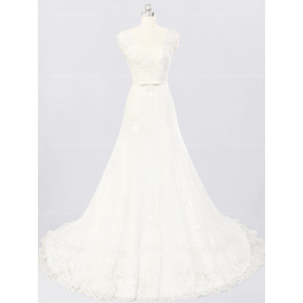 Lace Vintage Wedding Dress with Cap Sleeves $278