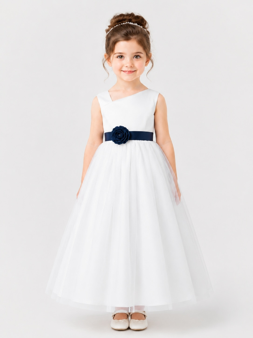 Taffeta Flower Girl Dresses_Light Ivory/Indigo