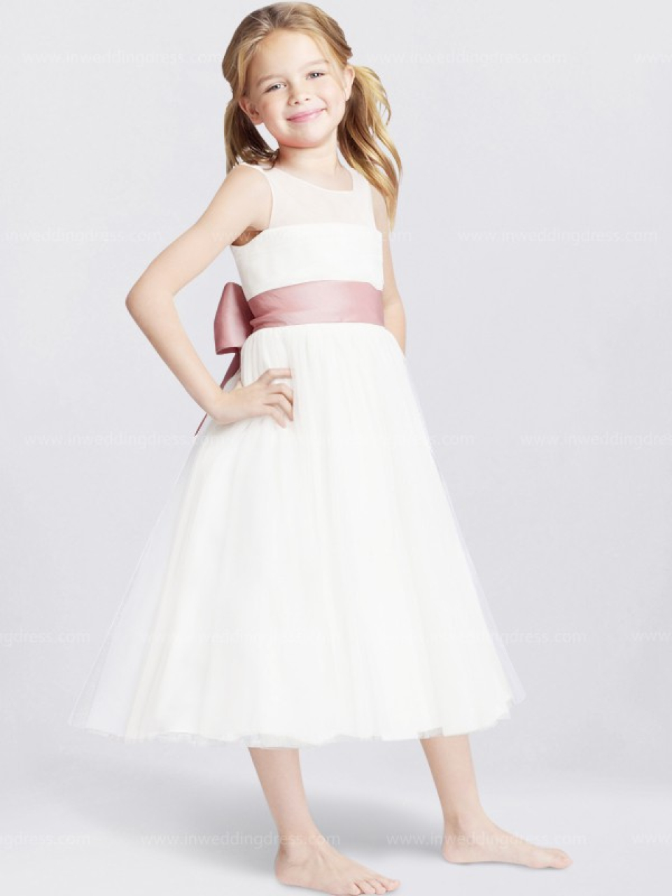 Tee Länge Blumenmädchen Kleid_Light Ivory / Pink