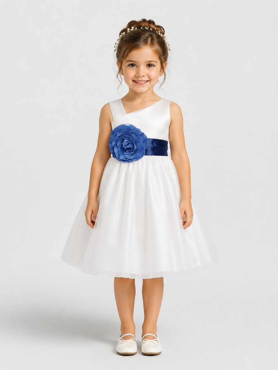 Taffeta Flower Girl Dresses_Light Ivory/Indigo