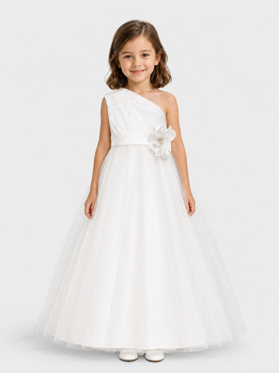 une épaule robe de fille de fleur_Light Ivory